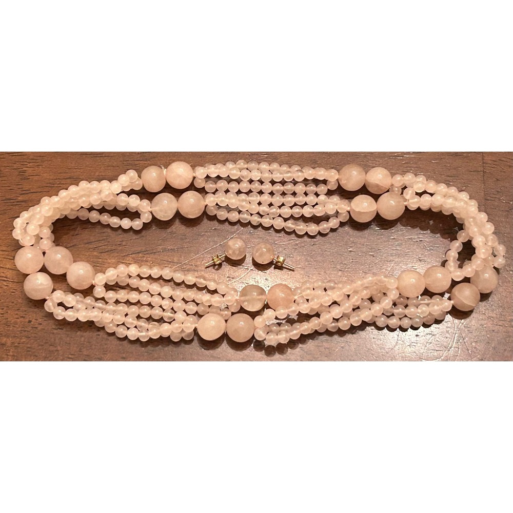 Rose Quartz 14K Gold Earrings and Double Strand Necklace